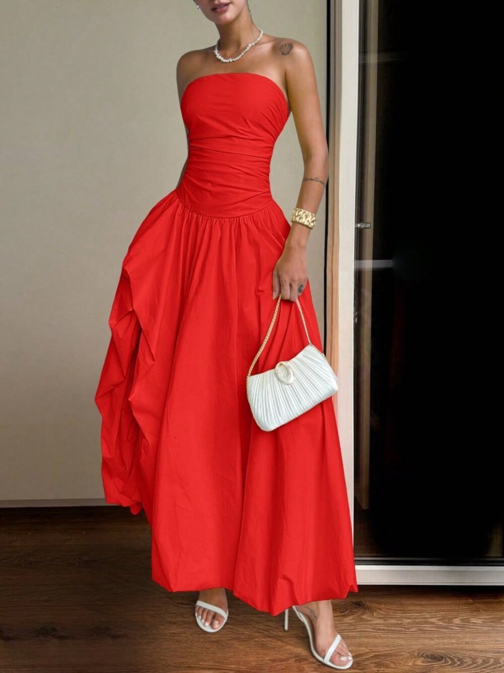 Red Elegant Women's Strapless Maxi Dress with Asymmetric Slit and Back Tie - Picture 9 of 9
